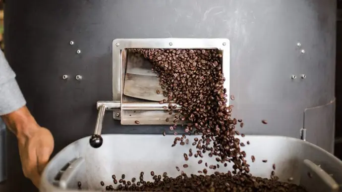 Grãos de café torrados saindo de uma máquina para um recipiente.